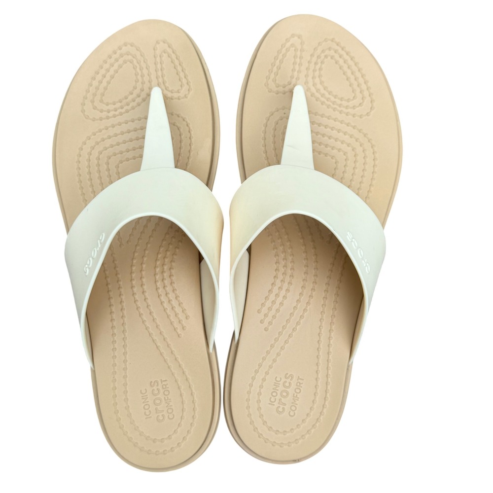 Crocs Serena Flip Sandals Womens 8 Tan Cream Beige Comfort Thong Slides Strappy